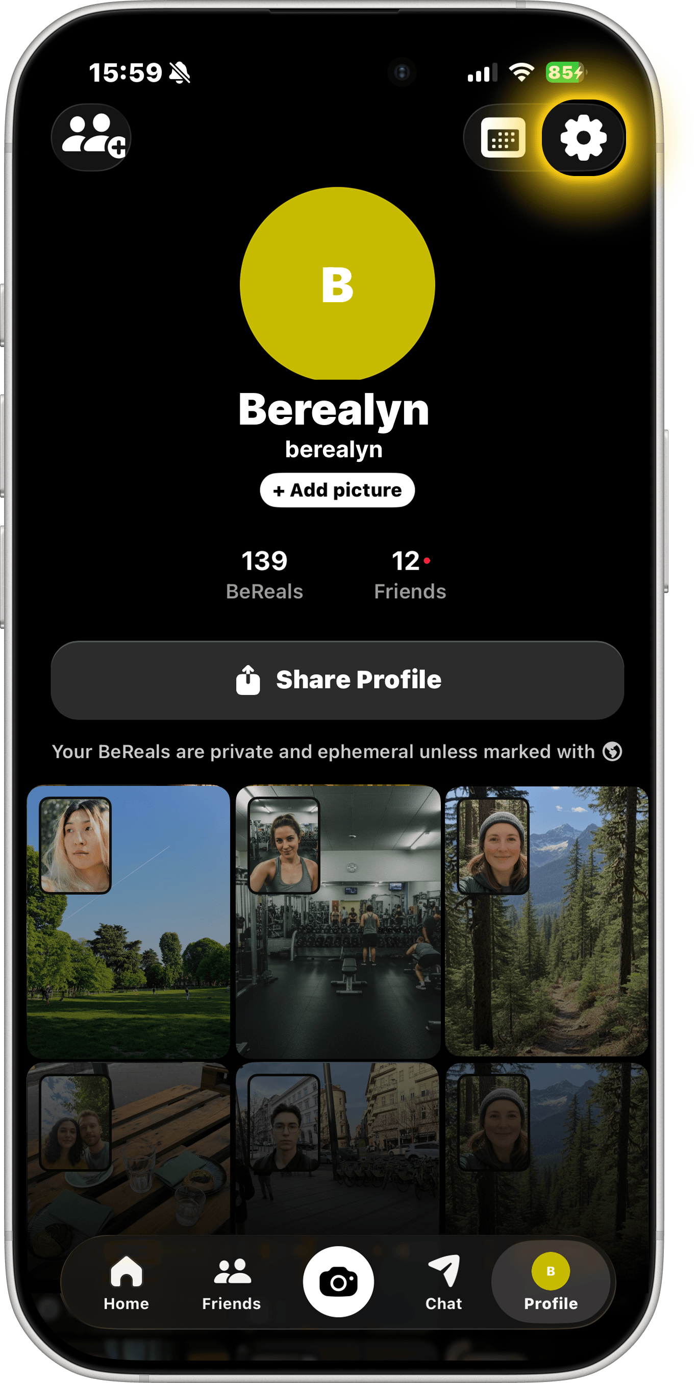 BeReal profilskärm — tryck på kugghjulsikonen